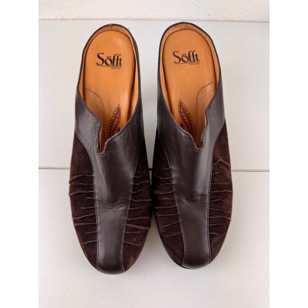Söfft Womens Brown Leather Suede Heeled‎ Mules Slides Size 11M Boho Comfort Cozy
